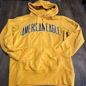 American Eagle Hoodie Mens XS Mustard Yellow Drawstring Kangaroo Pocket Logo